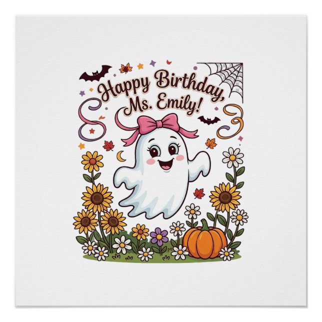 Póster Feliz Cumpleaños Sra Emily Halloween Fantasma Cala (Anverso)