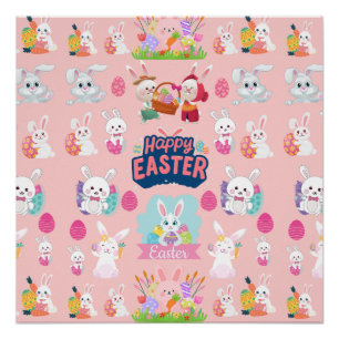 Póster Feliz Deseos de Pascua - Patrón Gracioso Conejito 