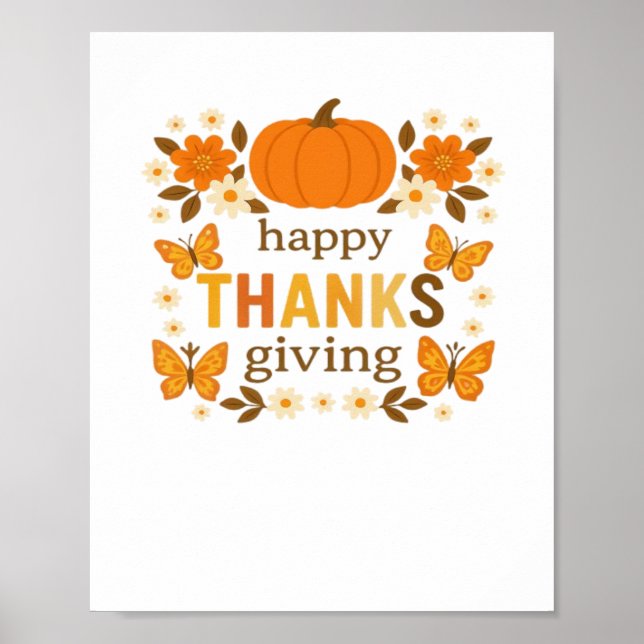 Póster Feliz Día de Acción de Gracias Calabaza Floral Clá (Frente)
