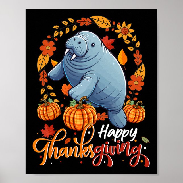 Póster Feliz Día de Acción de Gracias Manatee en hojas de (Frente)