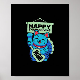 Póster Feliz Día de Acción de Gracias Maneki Neko Gato Af
