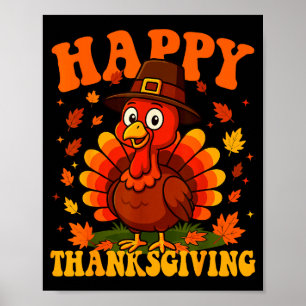 Póster Feliz Día de Acción de Gracias Pavo Lindo Cena Fam