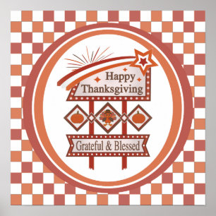 Póster Feliz Día de Acción de Gracias, Rótulo Retro Bendi