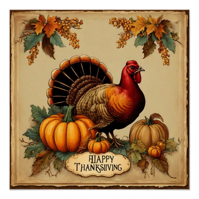 Póster Feliz Día de Acción de Gracias, Turquía, calabazas (Anverso)