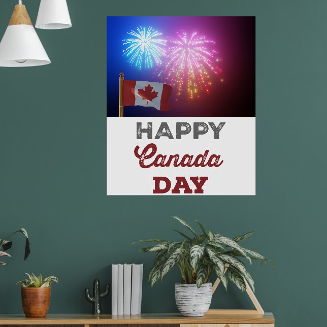 Póster Feliz Día de Canadá, bandera y fuegos artificiales (Salón 1)