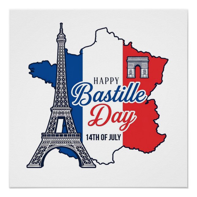 Póster Feliz Día de la Bastilla Francia Mapa Torre Eiffel (Anverso)