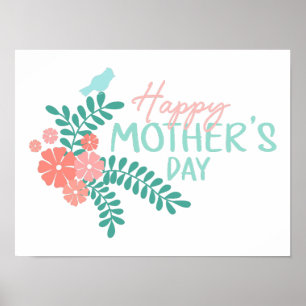 Póster Feliz día de la madre floral primaveral pájaro lin