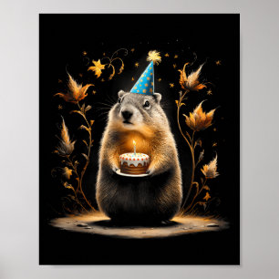 Póster Feliz día de la marmota con pastel de cumpleaños
