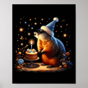 Póster Feliz día de la marmota Marmota con pastel de cump