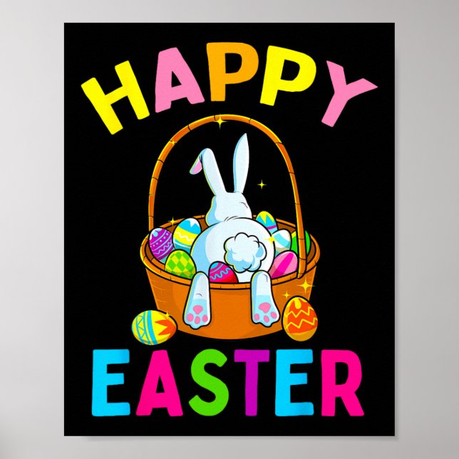 Póster Feliz Día de Pascua Bunny cazando huevos de chocol (Frente)