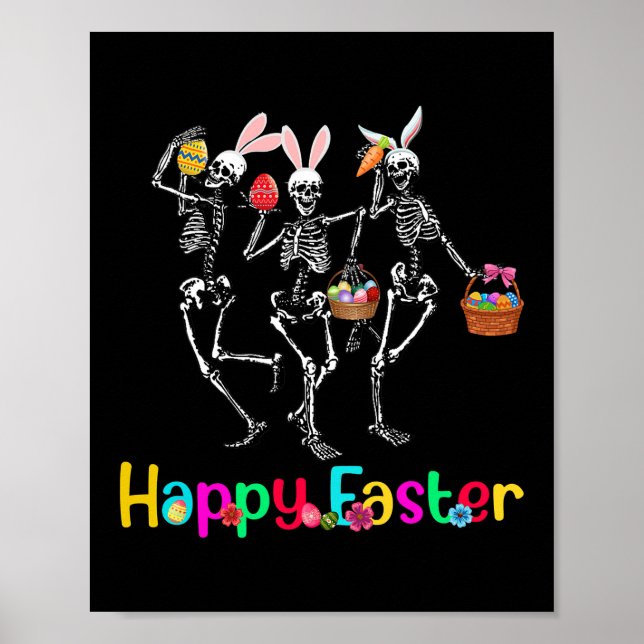 Póster Feliz Día de Pascua Bunny Skull Bailar Huevo de Pa (Frente)