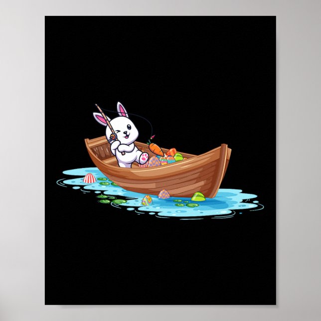 Póster Feliz Día de Pascua, conejito pescador, niños homb (Frente)