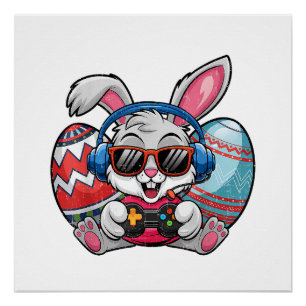 Póster Feliz día de Pascua Conejo lindo jugando videojueg