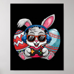 Póster Feliz Día de Pascua, dulce conejito jugando a vide