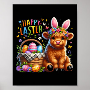 Póster Feliz Día de Pascua Vaca Cute Pascua Niñas Conejit