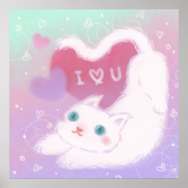 Póster Feliz día de San Valentín con gato blanco esponjos (Frente)