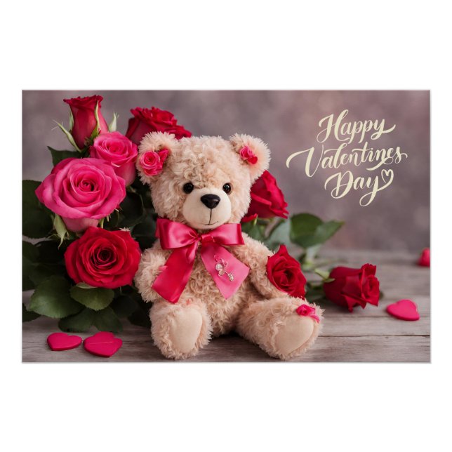 Póster Feliz Día de San Valentín Oso de peluche con Rosas (Anverso)