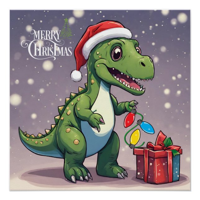 Póster Feliz Dinosaurio de Navidad con presente (Anverso)