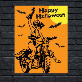 Póster Feliz disfraz de gatito de motocicleta de Hallowee