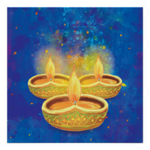 Póster Feliz Diwali pintado a mano iluminando velas