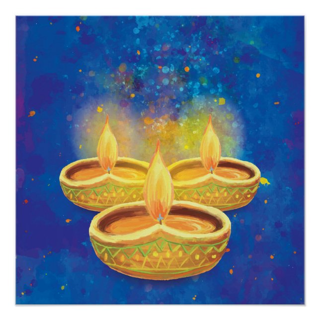 Póster Feliz Diwali pintado a mano iluminando velas (Anverso)