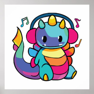 Póster Feliz dragón con auriculares escuchando música.