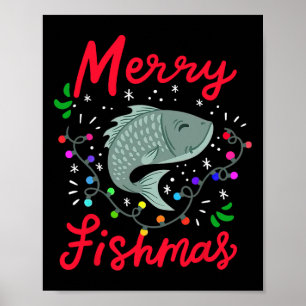 Póster Feliz Fishmas Luces Divertidas de árbol de Navidad