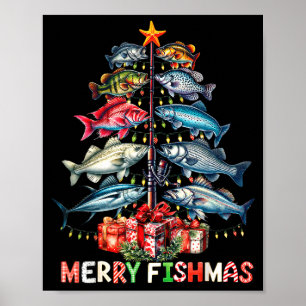 Póster Feliz Fishmas Luces Divertidas de Navidad Árbol de