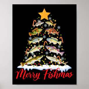 Póster Feliz Fishmas Luces Divertidas de Navidad del Árbo