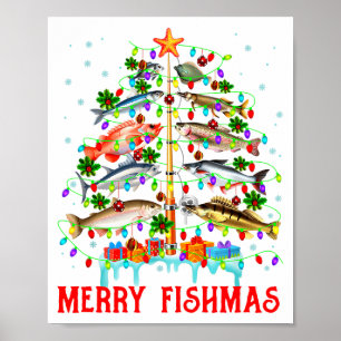 Póster Feliz Fishmas Luces Divertidas de Navidad del Árbo