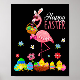Póster Feliz Flamingo de Pascua con Bysket Hunti de Huevo