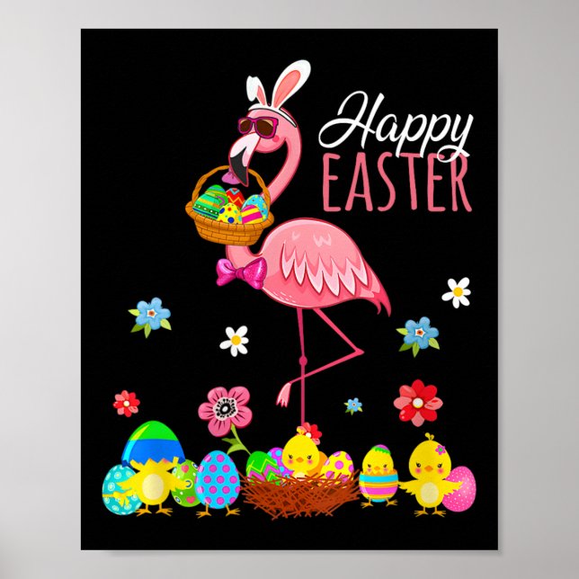 Póster Feliz Flamingo de Pascua con Bysket Hunti de Huevo (Frente)