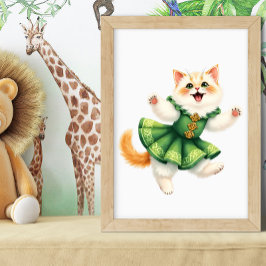 Póster Feliz Gatito Naranja en Vestido Verde Celta Bailan