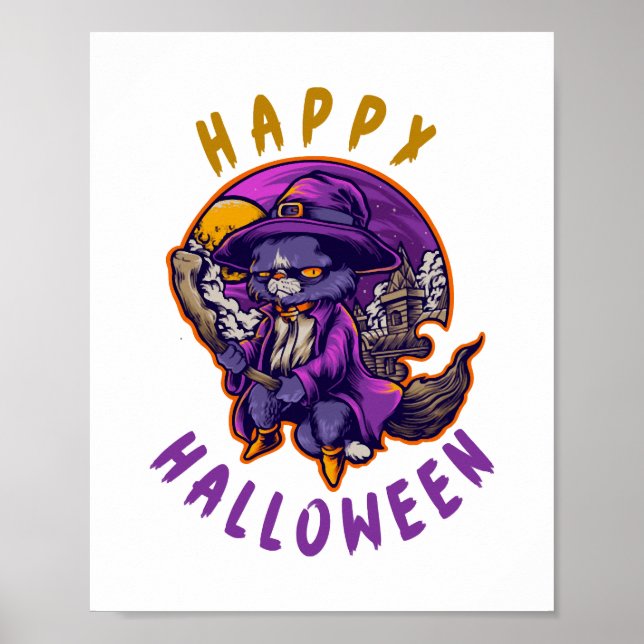 Póster Feliz Gato de Brujas de Halloween (Frente)
