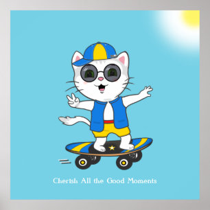 Póster Feliz gato de patinaje vestido de azul y amarillo.