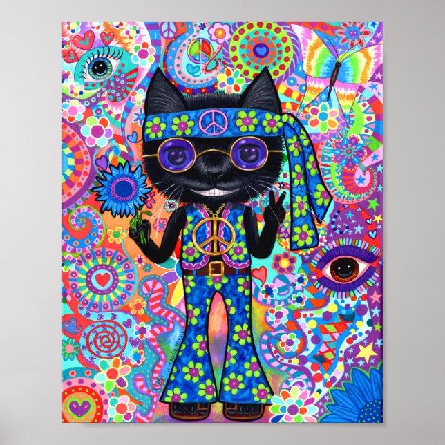 Póster Feliz Gato Hippie Signo de paz gafas moradas de so (Frente)