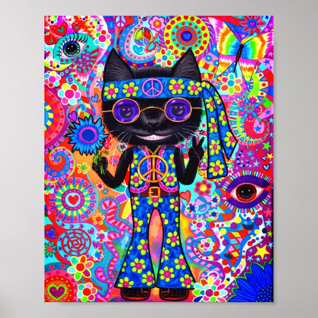 Póster Feliz Gato Hippie Signo de paz gafas moradas de so (Frente)