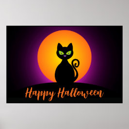 Póster Feliz Gato Negro de Halloween y Luna