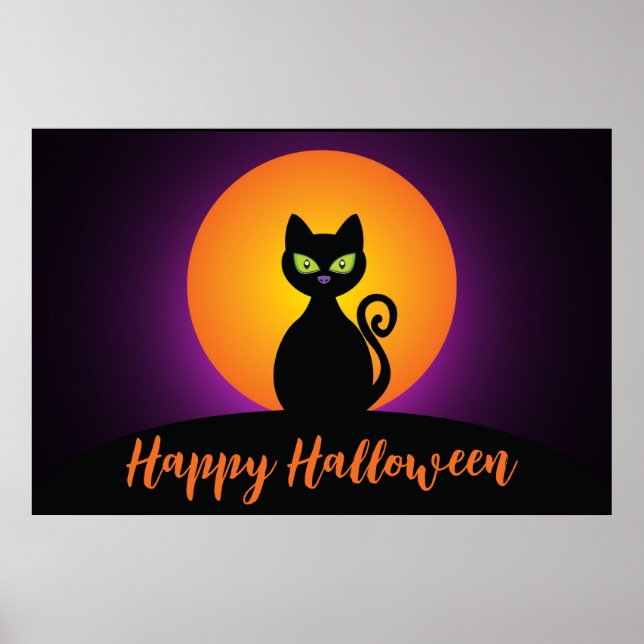 Póster Feliz Gato Negro de Halloween y Luna (Frente)