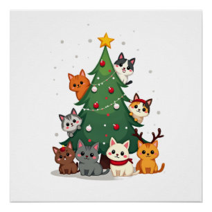 Póster Feliz Gatonavidad Árbol de Navidad Divertido, Gato