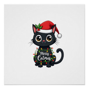 Póster Feliz Gatonavidad Luz de Navidad de Gato Negro Nav