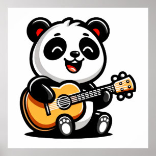 Póster Feliz Guitarista Panda - Diseño Cuto De Música Acú
