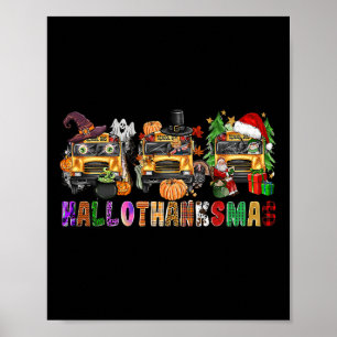 Póster Feliz Hallothanksmas Bus escolar Halloween Merry C