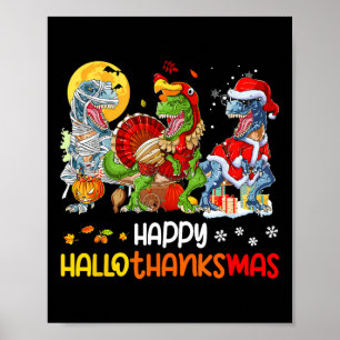 Póster Feliz Hallothanksmas Día de Acción de Gracias Dino