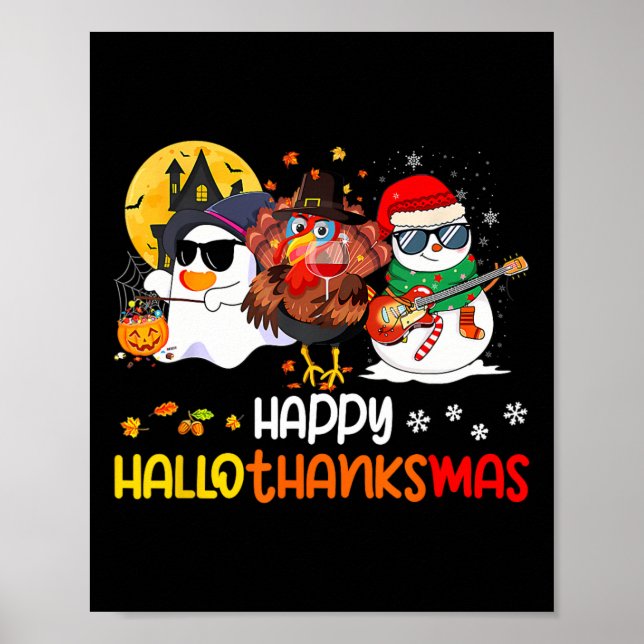 Póster Feliz Hallothanksmas Fantasma Lindo Halloween Día  (Frente)