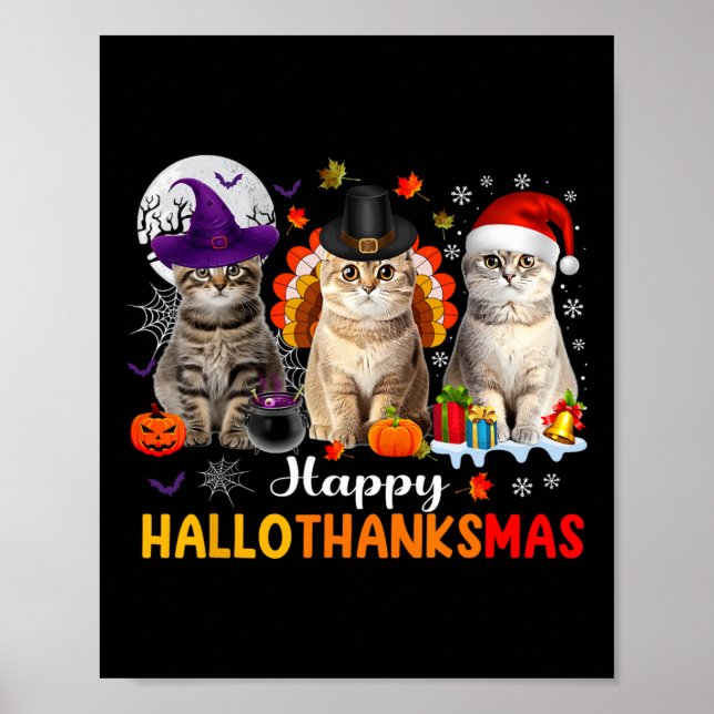 Póster Feliz Hallothanksmas gatos Halloween Día de Acción (Frente)