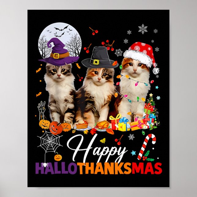 Póster Feliz Hallothanksmas lindo gatos Halloween Thanksg (Frente)