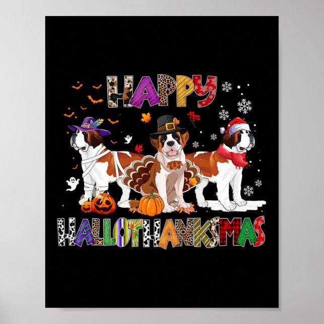 Póster Feliz Hallothanksmas San Bernard Perro Halloween C (Frente)