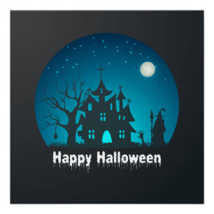 Póster Feliz Halloween azul y negro casa embrujada