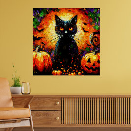 Póster Feliz Halloween Black Cat Bats Pumpkins